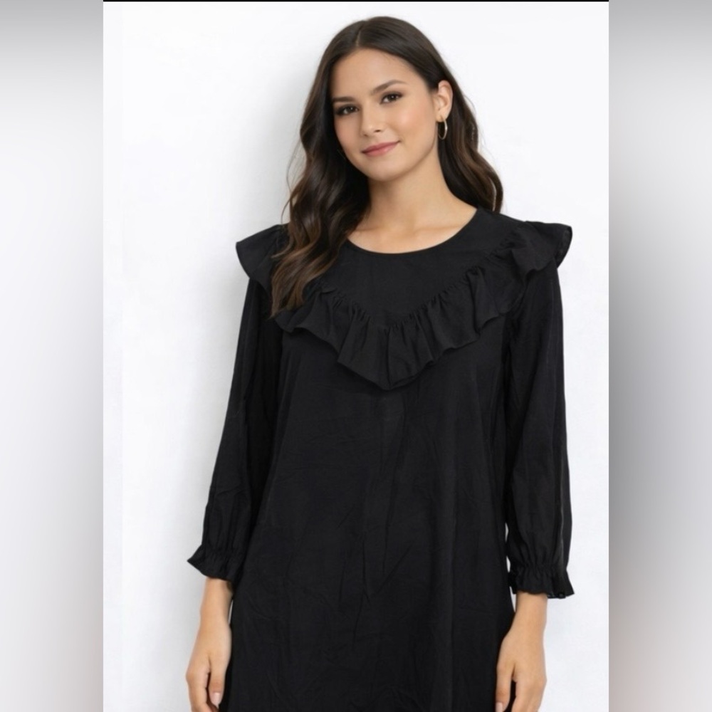 NWT Michelle McDowell Size Small Elegant Black Ruffle Long Sleeve Dress‎